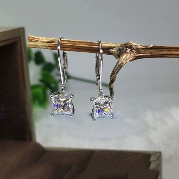Princess Cut Earrings, 2 Carat CZ Drop Earrings, Jewelry Gift for Her - Picture 4 of 6
